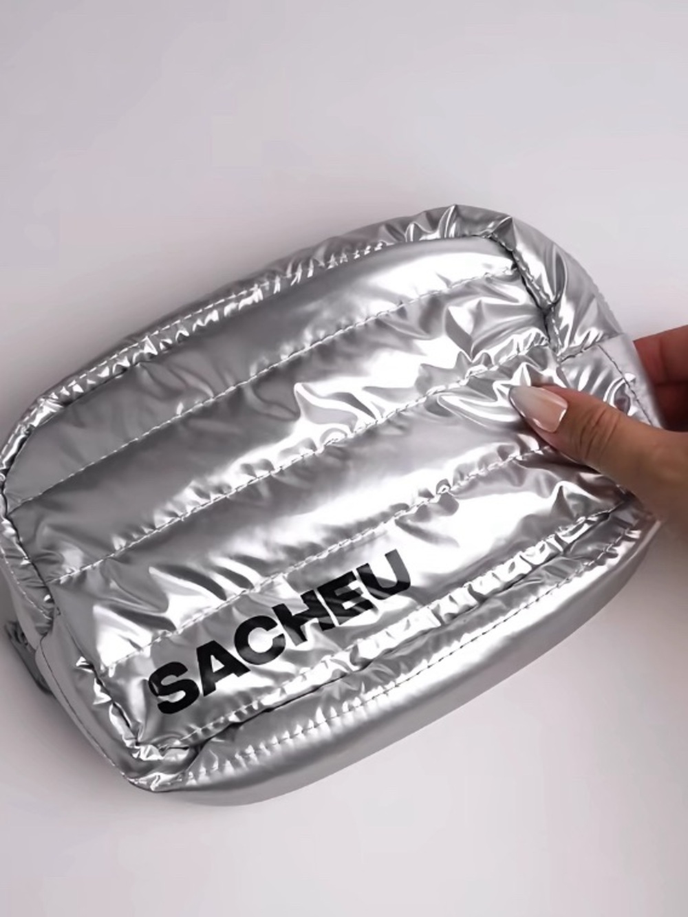 SACHEU metallic silver quilted puffer cosmetic bag